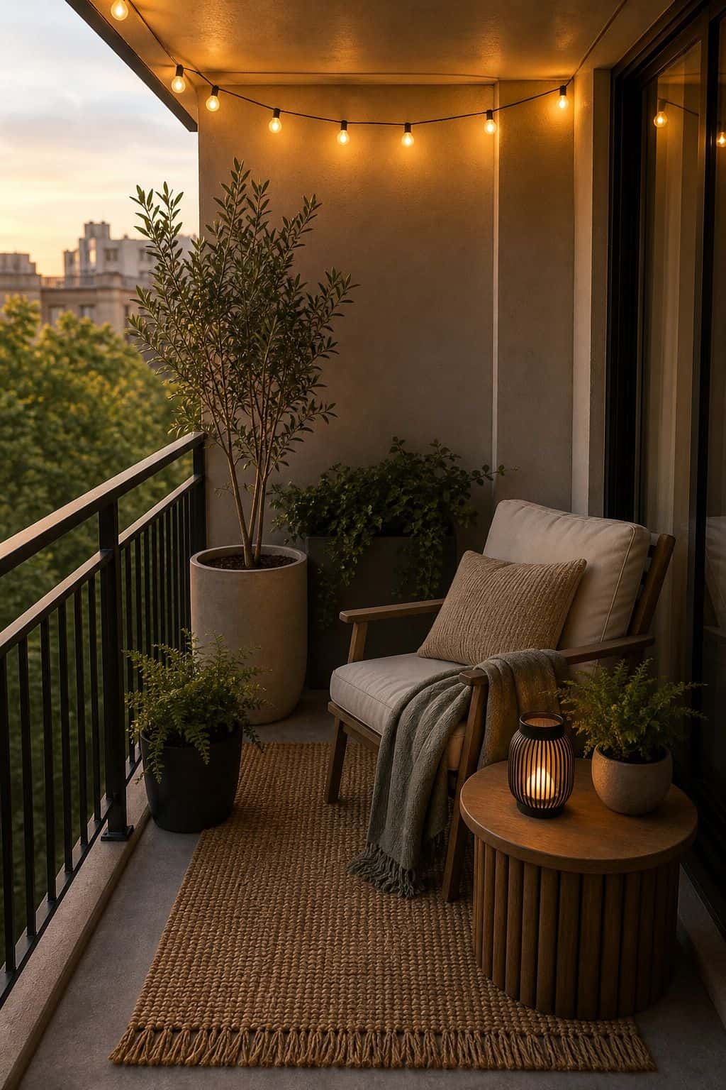 Add Soft, Warm Lighting small apartment idea for Top 18 Zen Porch Home Decor Ideas for Apartments and Small Outdoor Spaces.