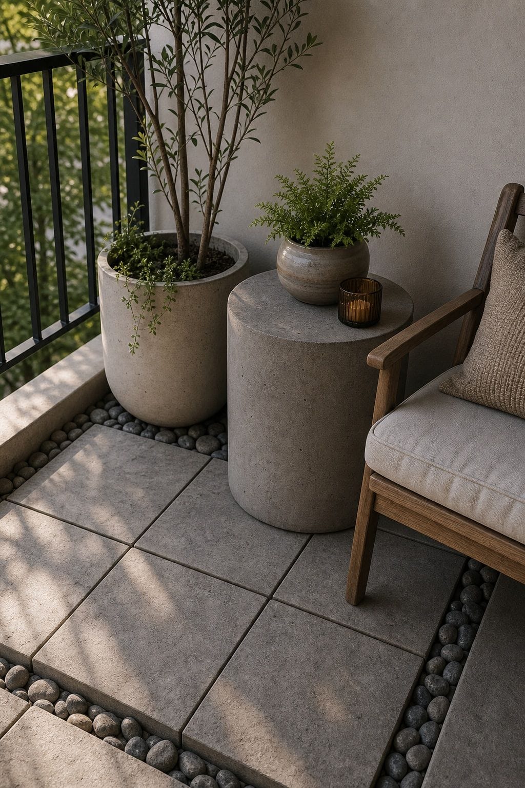 Use Concrete or Stone for Grounding Surfaces small apartment idea for Top 18 Zen Porch Home Decor Ideas for Apartments and Small Outdoor Spaces.
