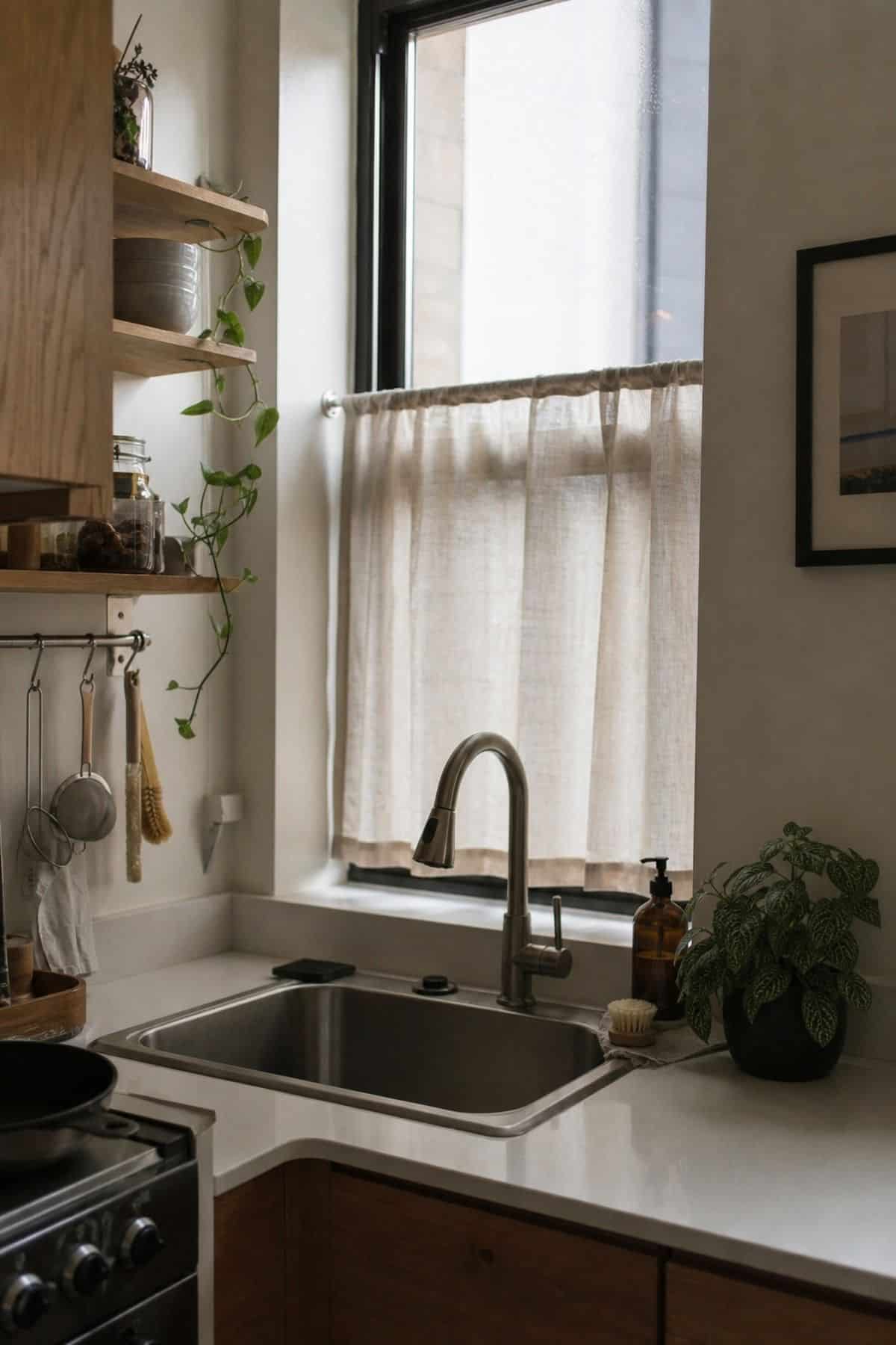 Curtain styling for a corner sink kitchen in a small apartment.