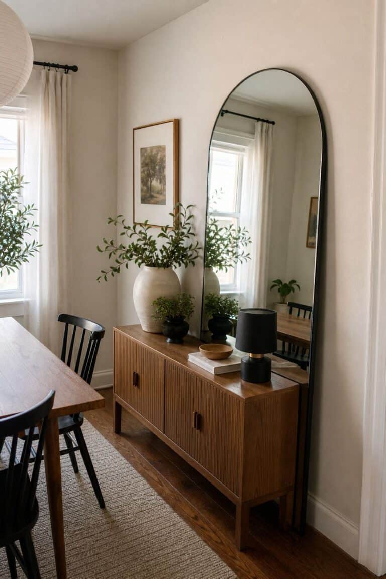 Floor-to-Sideboard Arched dining room mirror idea for a small apartment