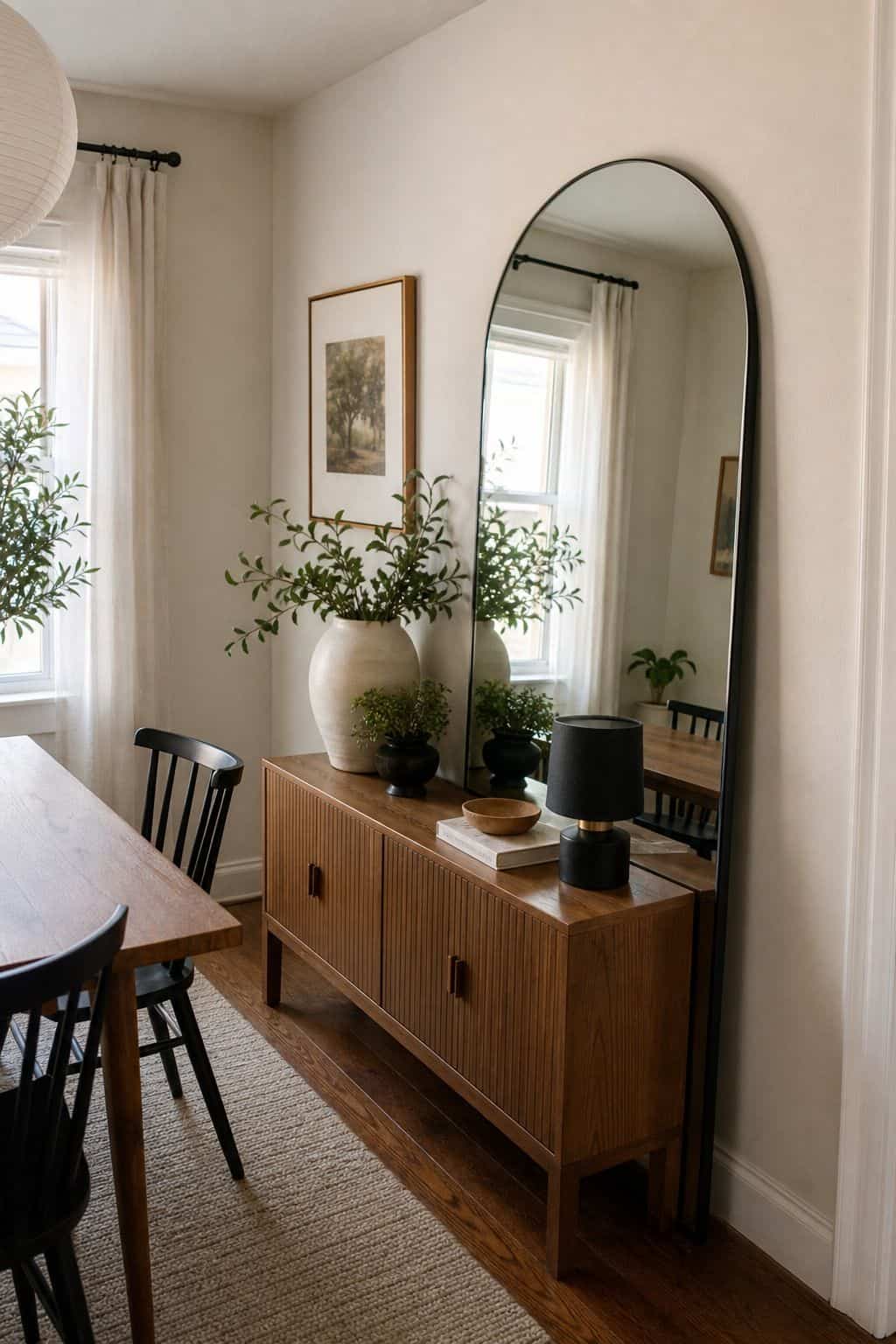 Floor-to-Sideboard Arched dining room mirror idea for a small apartment