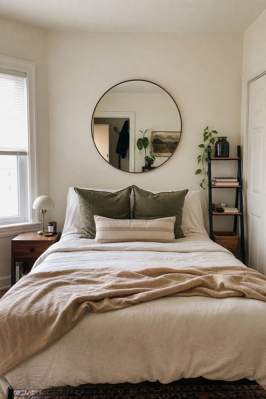 Round Mirror Centered mirror above bed idea in a small apartment bedroom