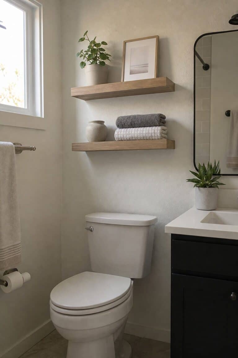 Two parallel floating shelves styled above a toilet in a small apartment bathroom