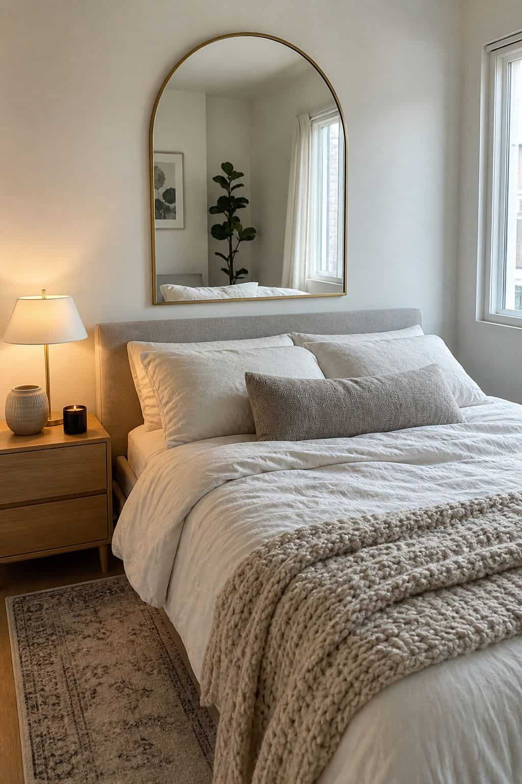 Arched Mirror mirror above bed idea in a small apartment bedroom
