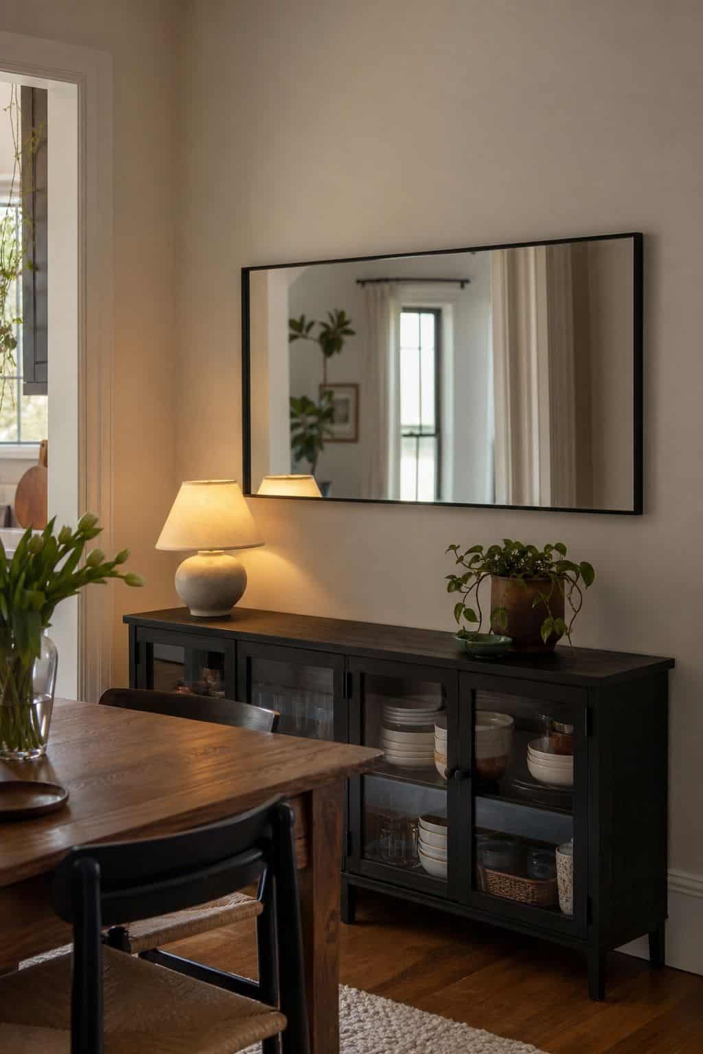Horizontal Mirror Above Sideboard dining room mirror idea for a small apartment