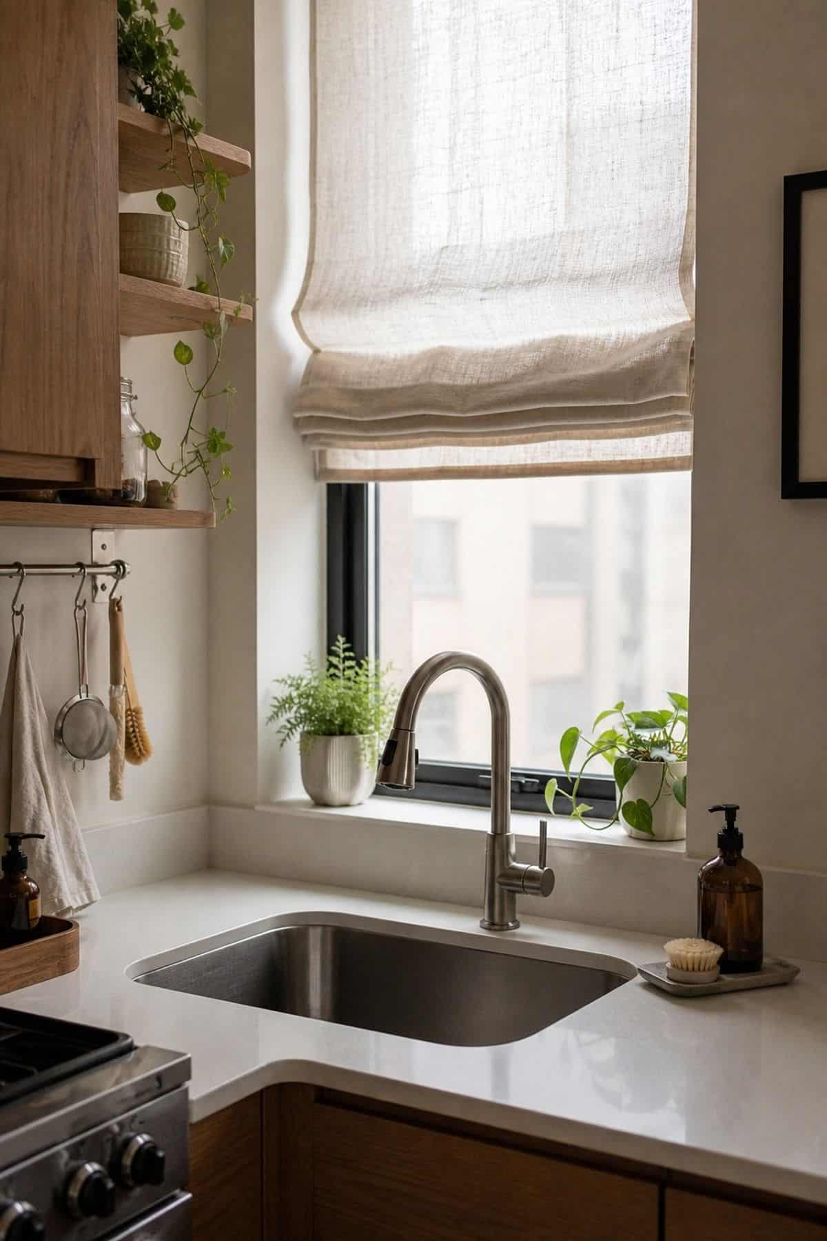 Sheer Roman Shade styling for a corner sink kitchen in a small apartment.