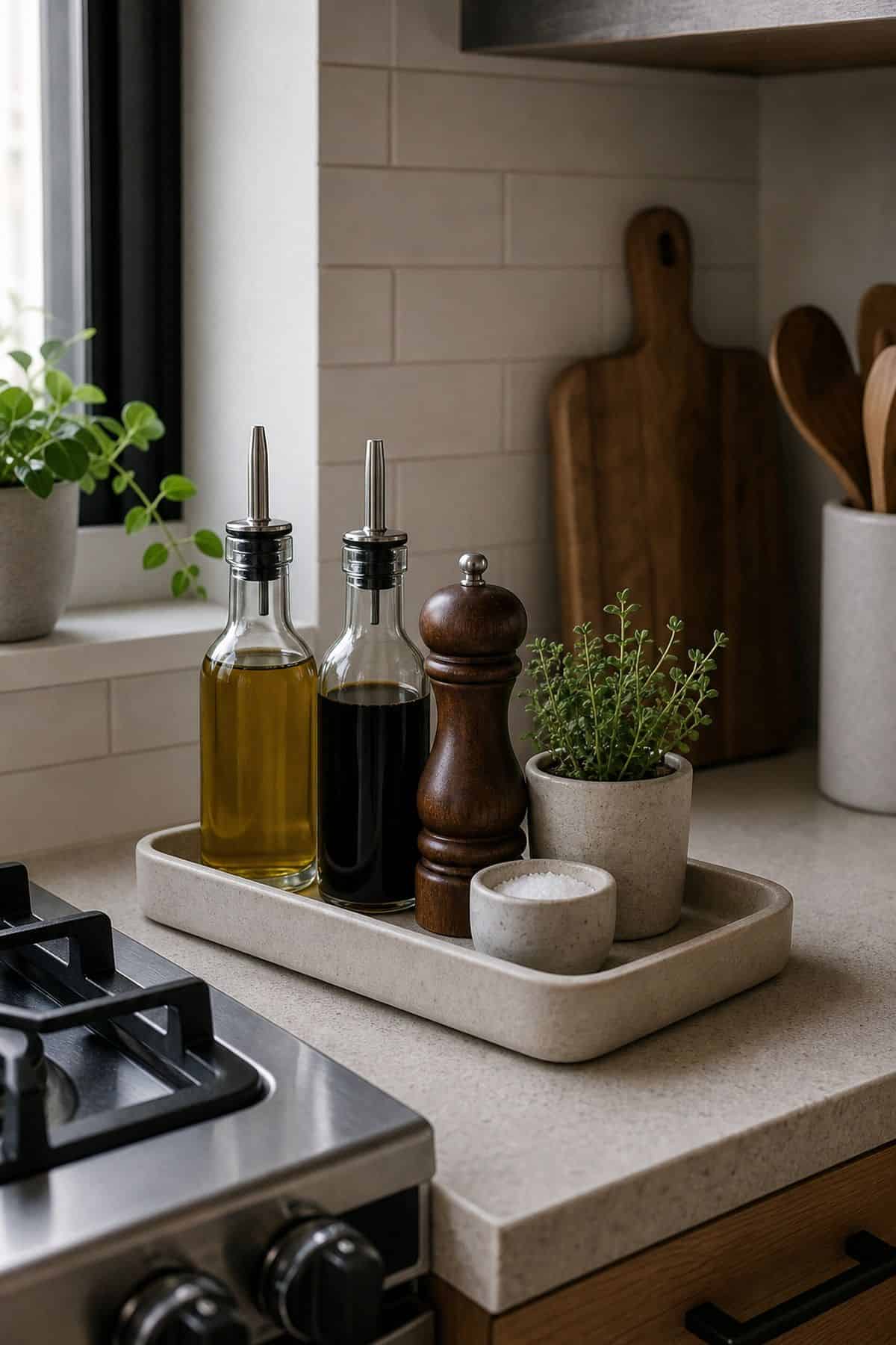cooking oils and vinegars tray for small apartment kitchen counter organization