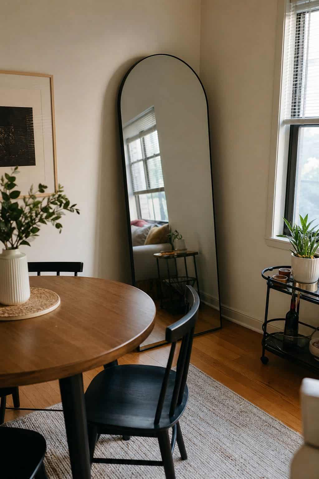 Floor Leaner in the Corner dining room mirror idea for a small apartment