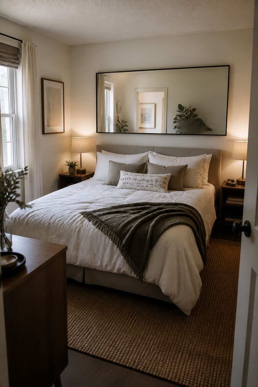 Oversized Rectangular Horizontal mirror above bed idea in a small apartment bedroom