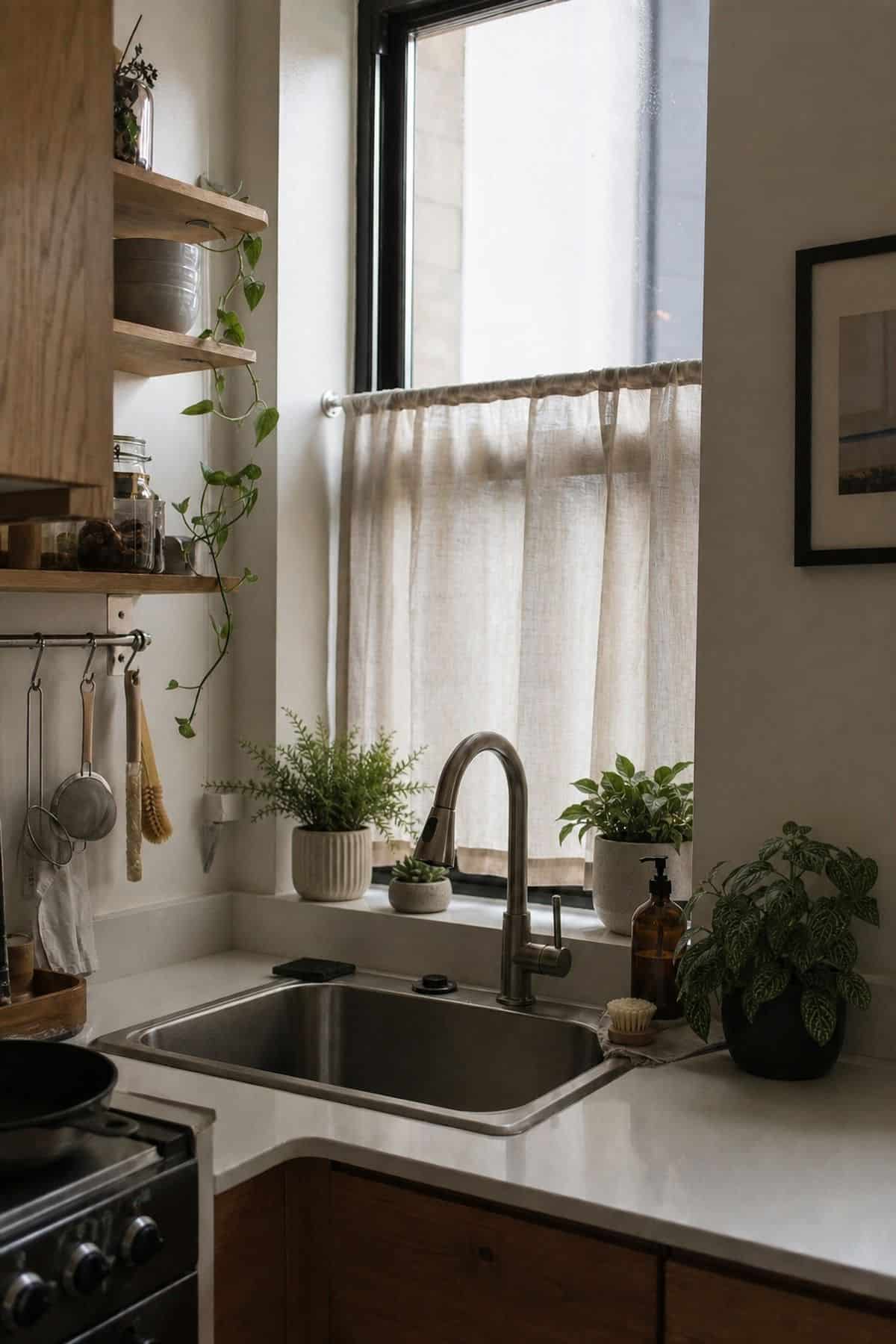 Small Plants on the Sill styling for a corner sink kitchen in a small apartment.