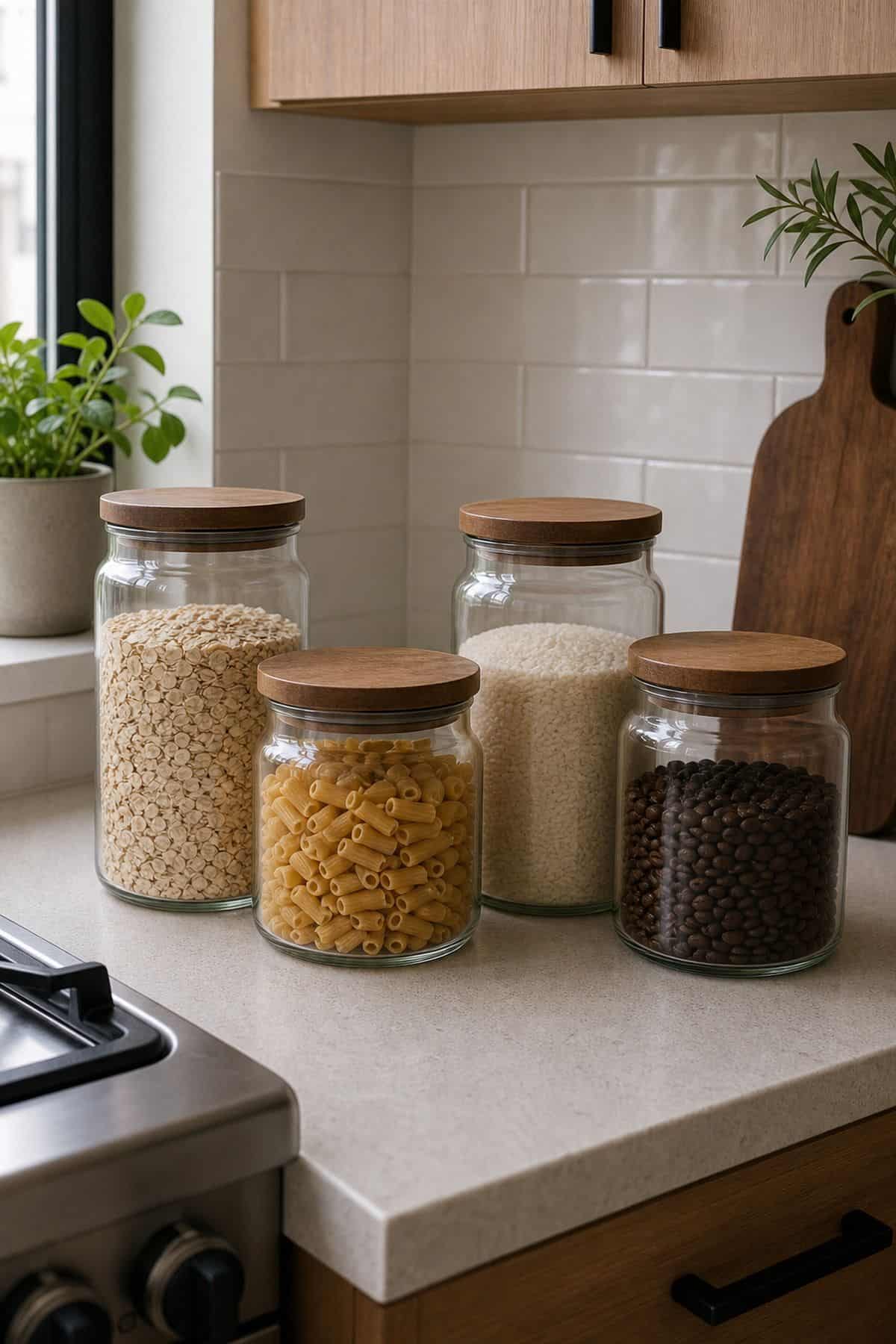 matching glass canister set for small apartment kitchen counter organization