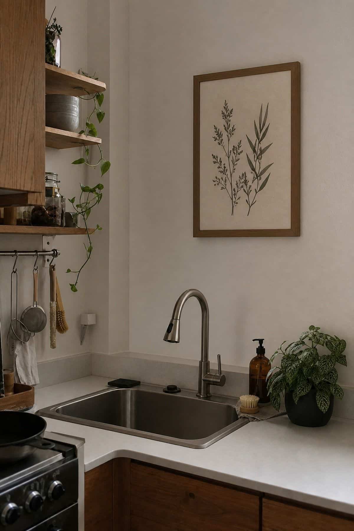 No-Window Alternative styling for a corner sink kitchen in a small apartment.