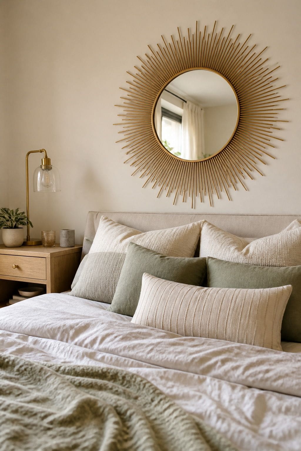 Sunburst Statement mirror above bed idea in a small apartment bedroom