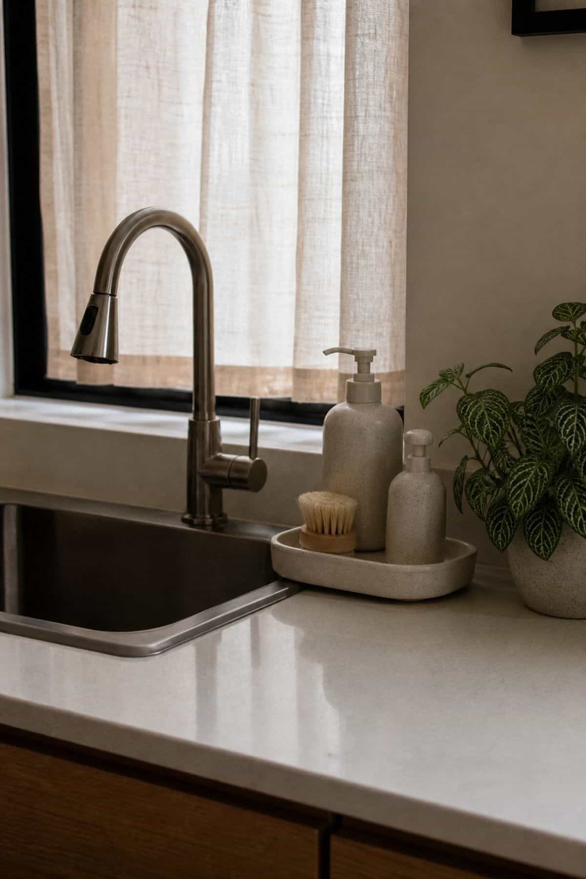 Ceramic Soap Pump styling for a corner sink kitchen in a small apartment.