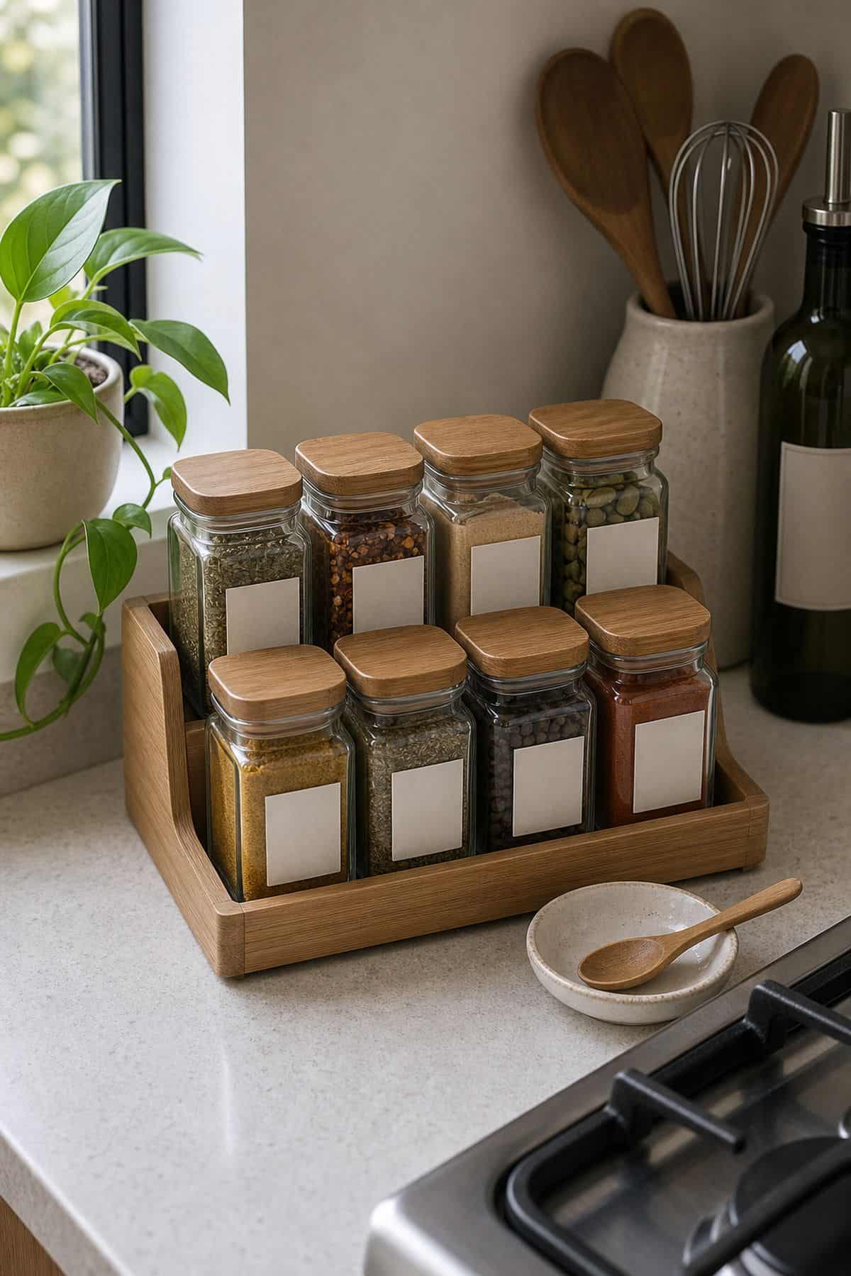 labeled spice jar set for small apartment kitchen counter organization