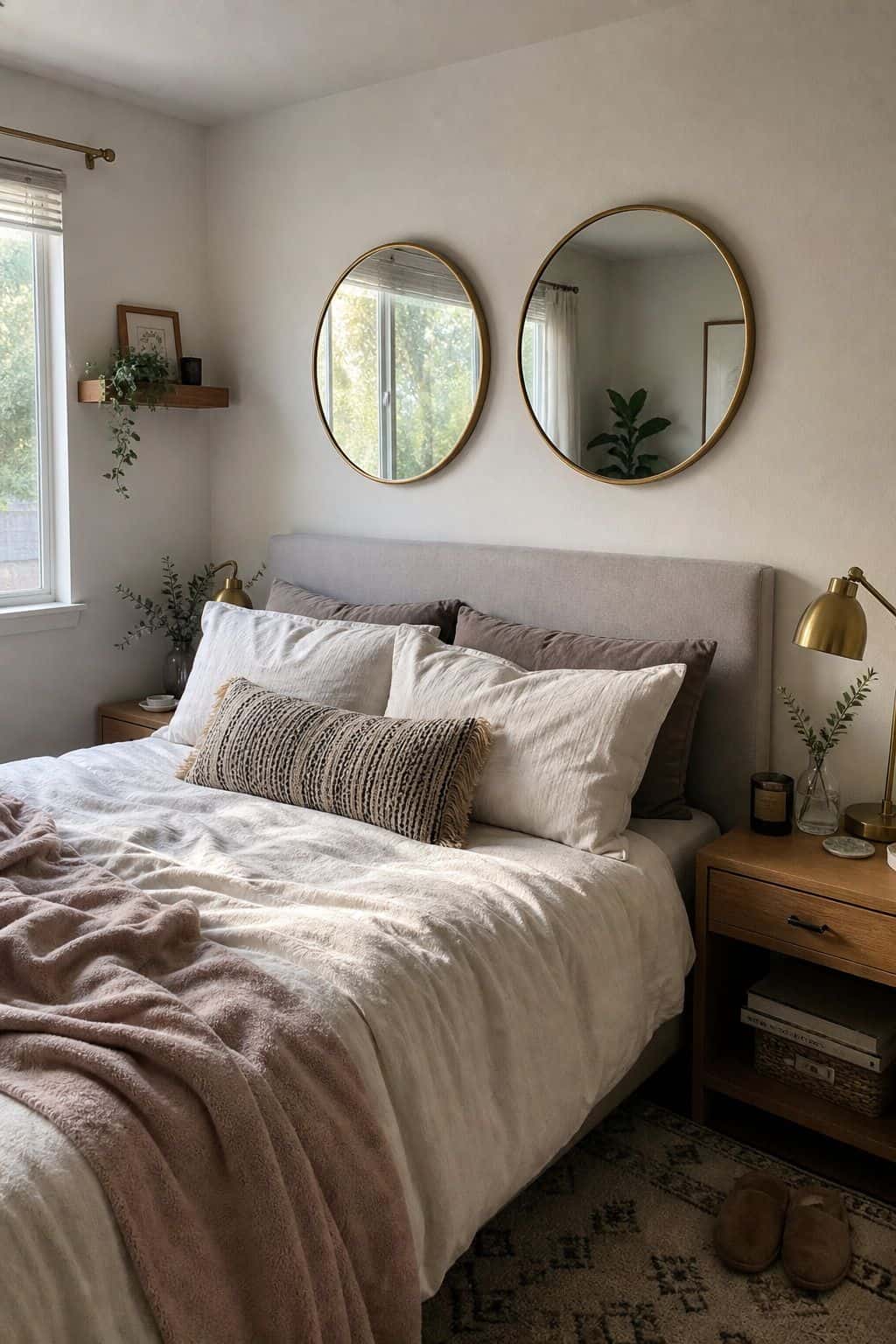 Pair of Round Mirrors mirror above bed idea in a small apartment bedroom