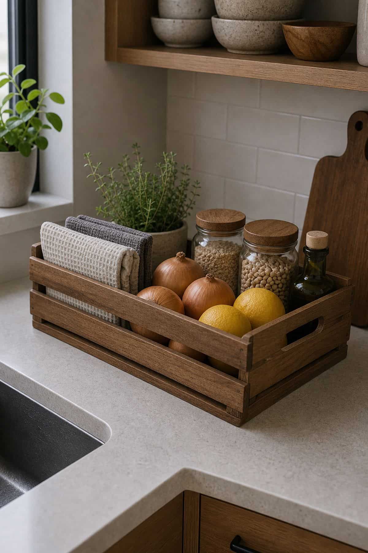 open wood crate or basket for small apartment kitchen counter organization
