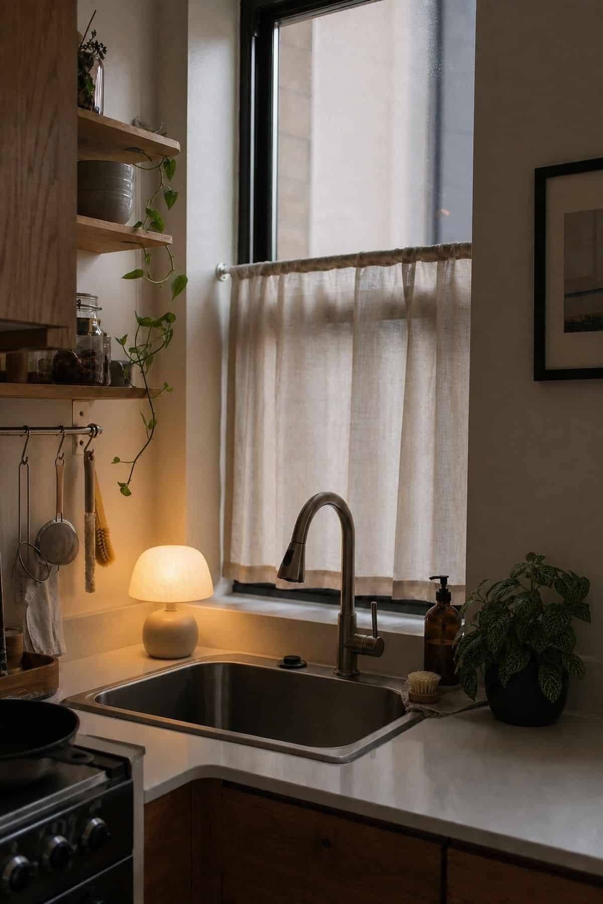 Small Lamp styling for a corner sink kitchen in a small apartment.