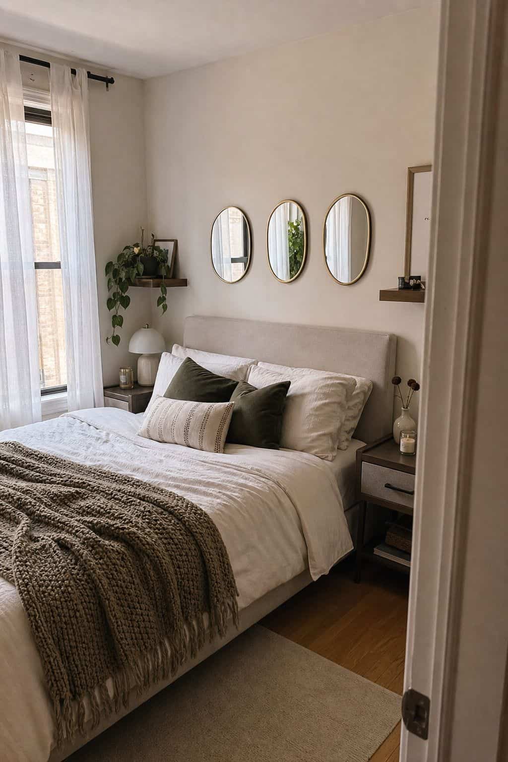 Trio of Small Mirrors mirror above bed idea in a small apartment bedroom