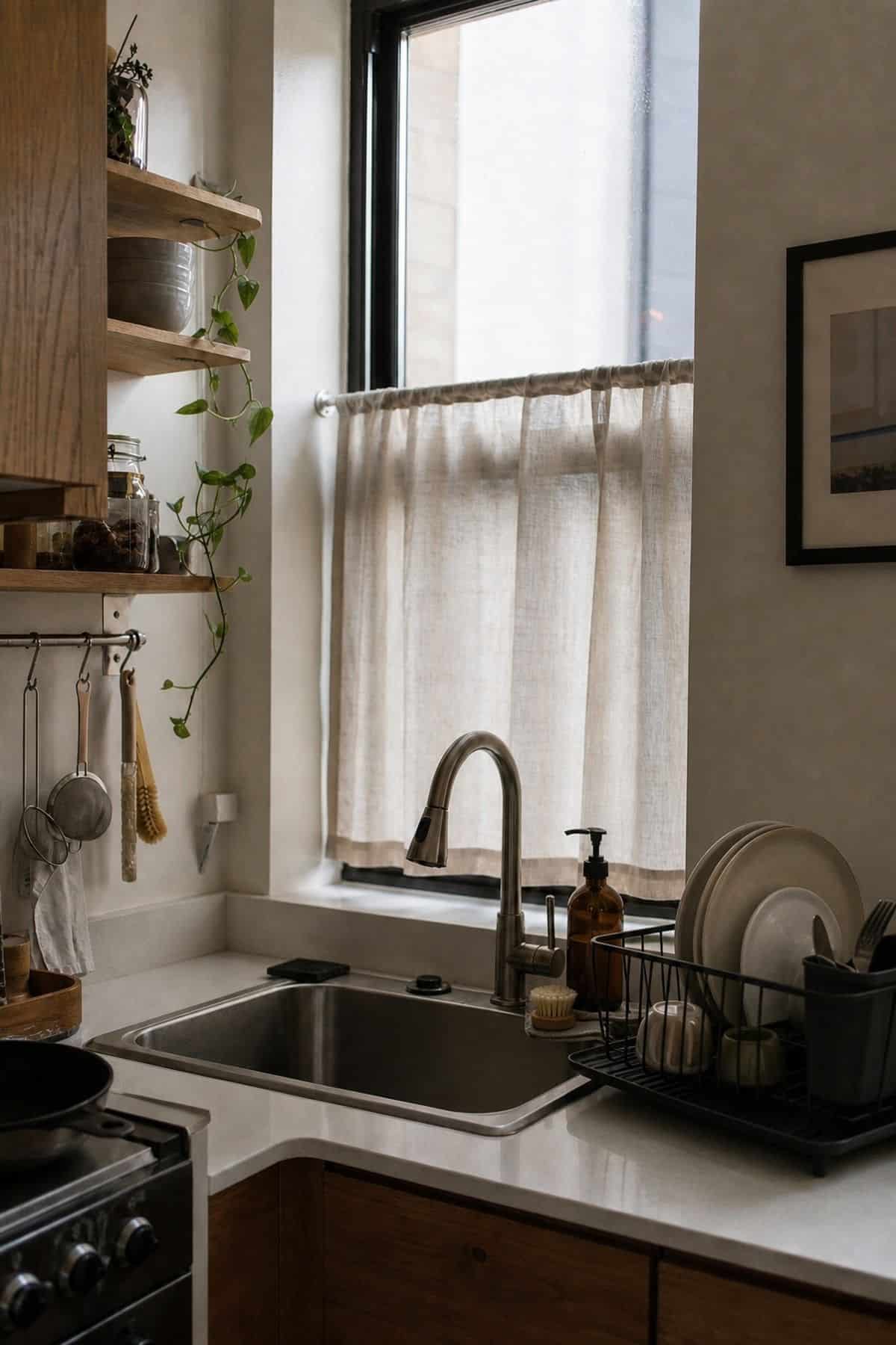 Dish-Drying Rack Styled styling for a corner sink kitchen in a small apartment.