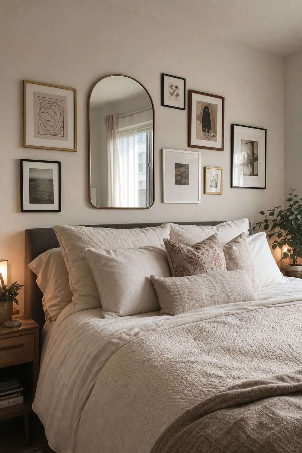 Mirror Plus Framed Art Gallery mirror above bed idea in a small apartment bedroom