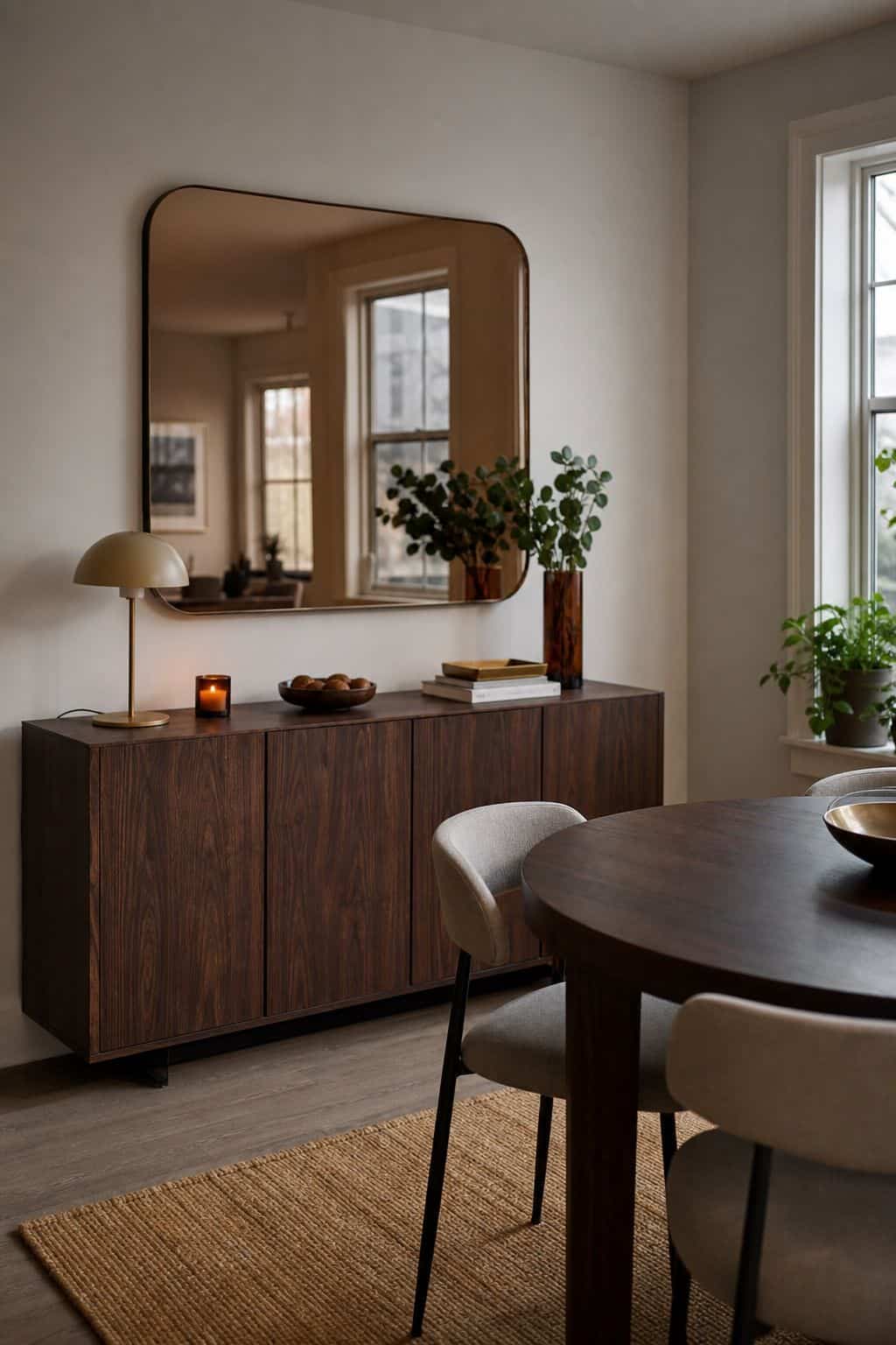 Smoked or Bronze-Tinted dining room mirror idea for a small apartment