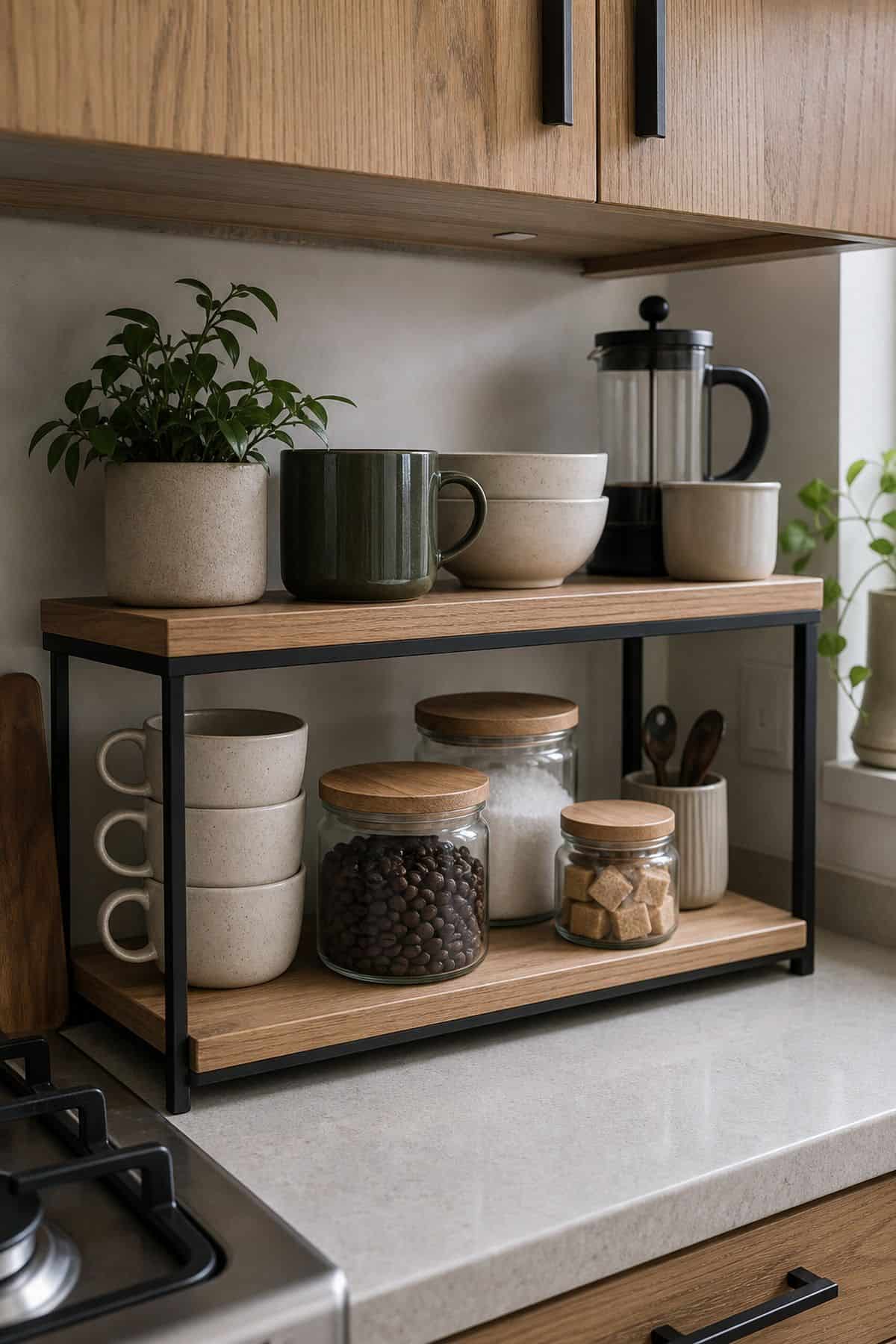 tiered counter shelf for small apartment kitchen counter organization