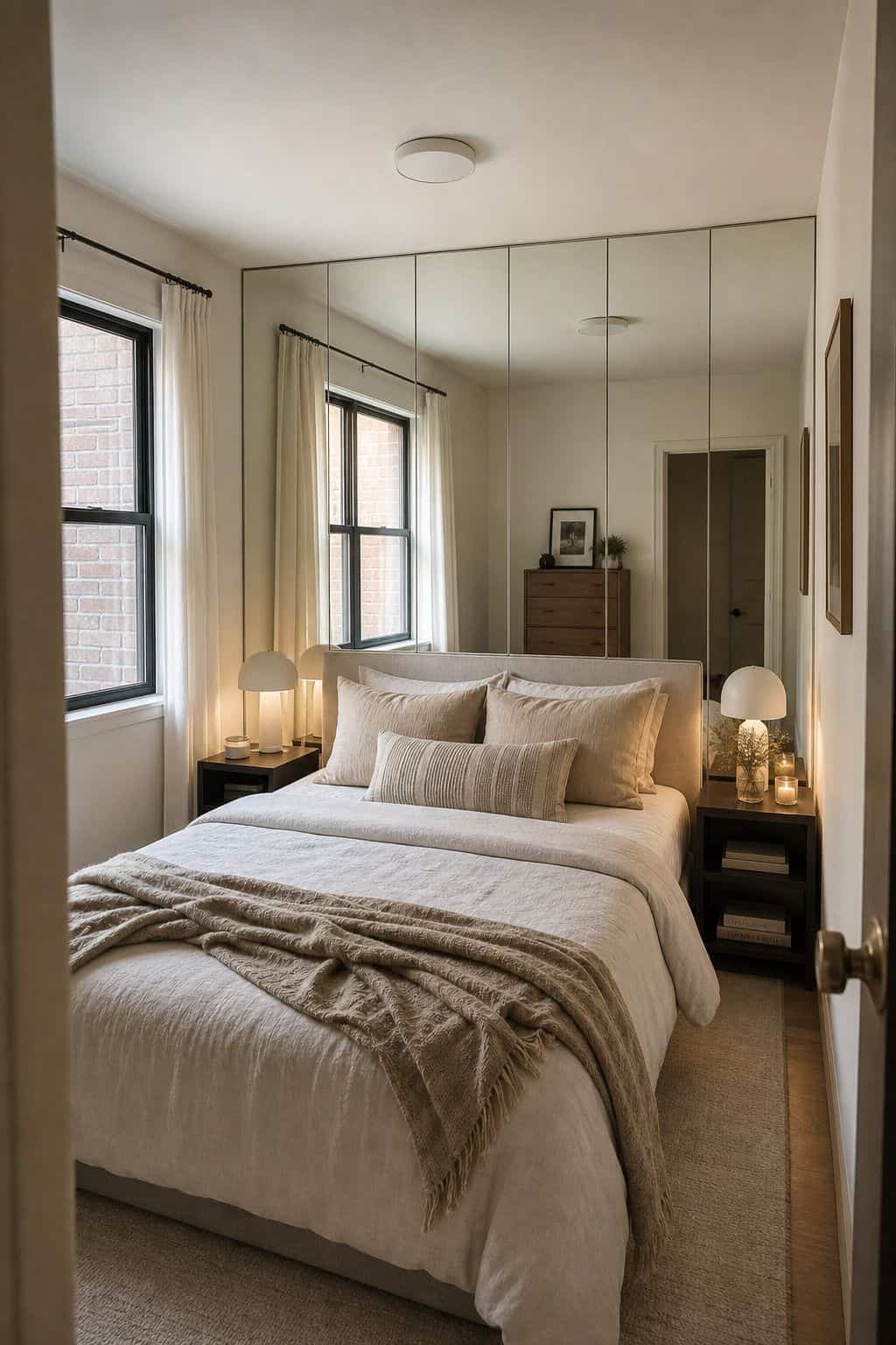 Full Mirror Wall Behind Bed mirror above bed idea in a small apartment bedroom