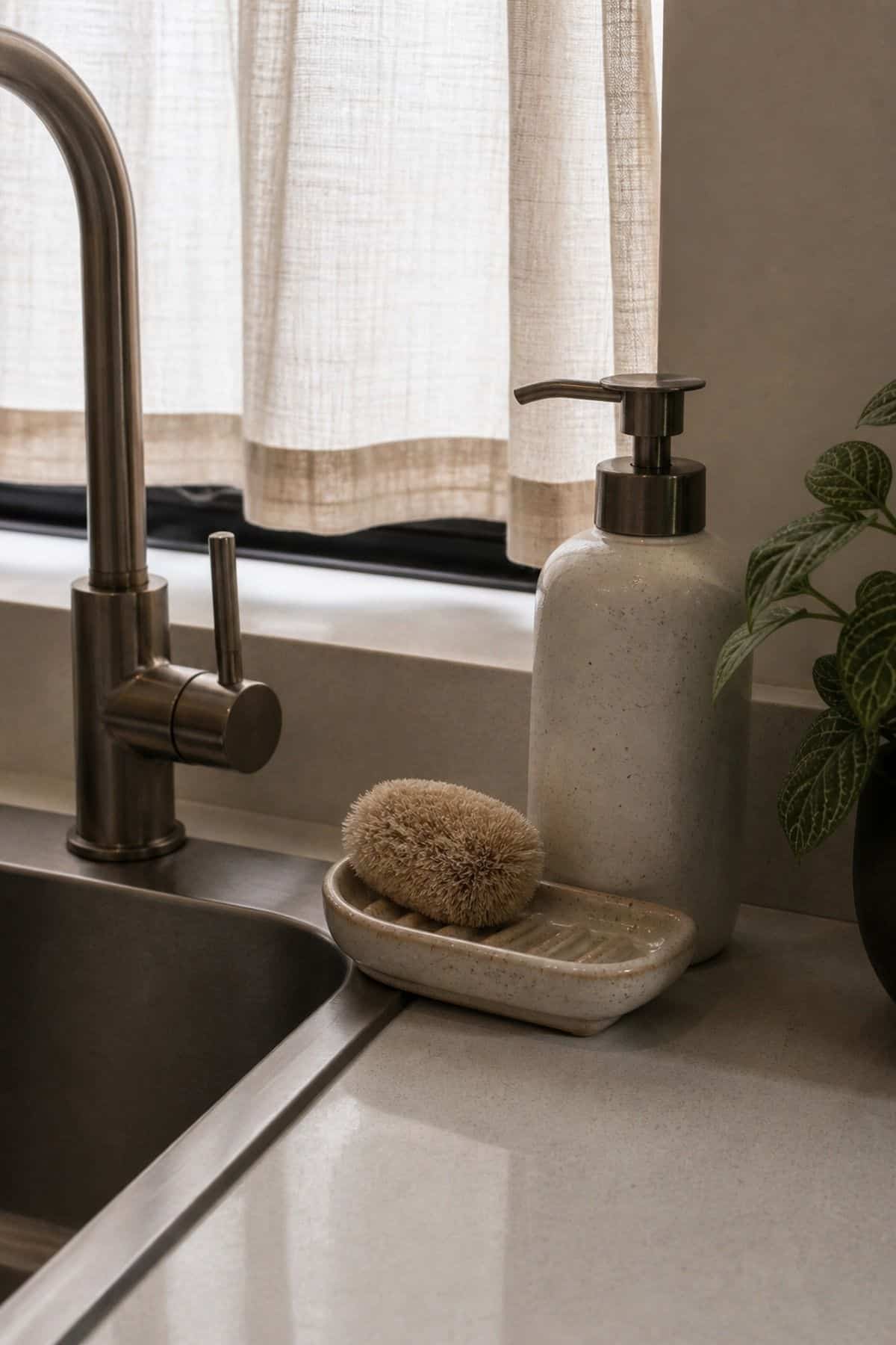 Sponge Dish styling for a corner sink kitchen in a small apartment.