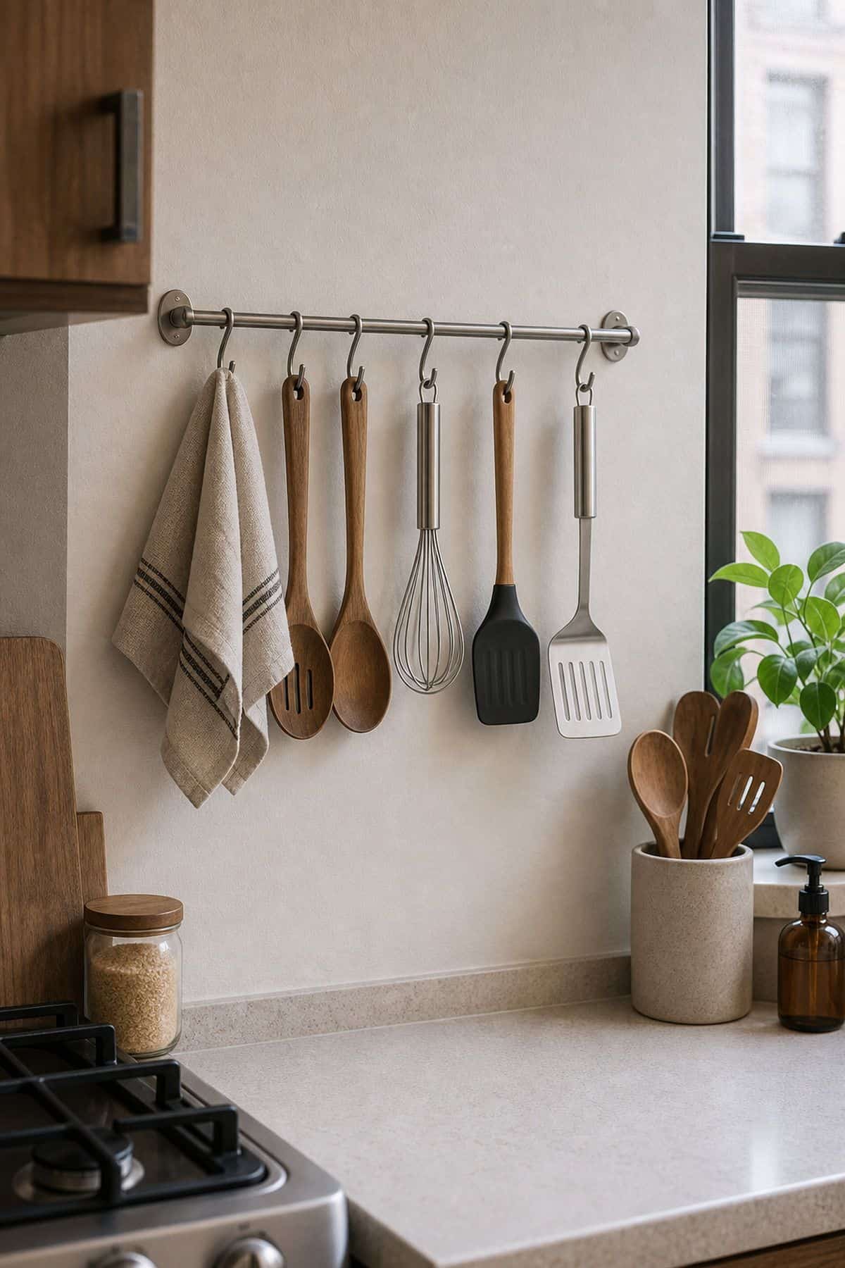 wall-mounted utensil rack for small apartment kitchen counter organization