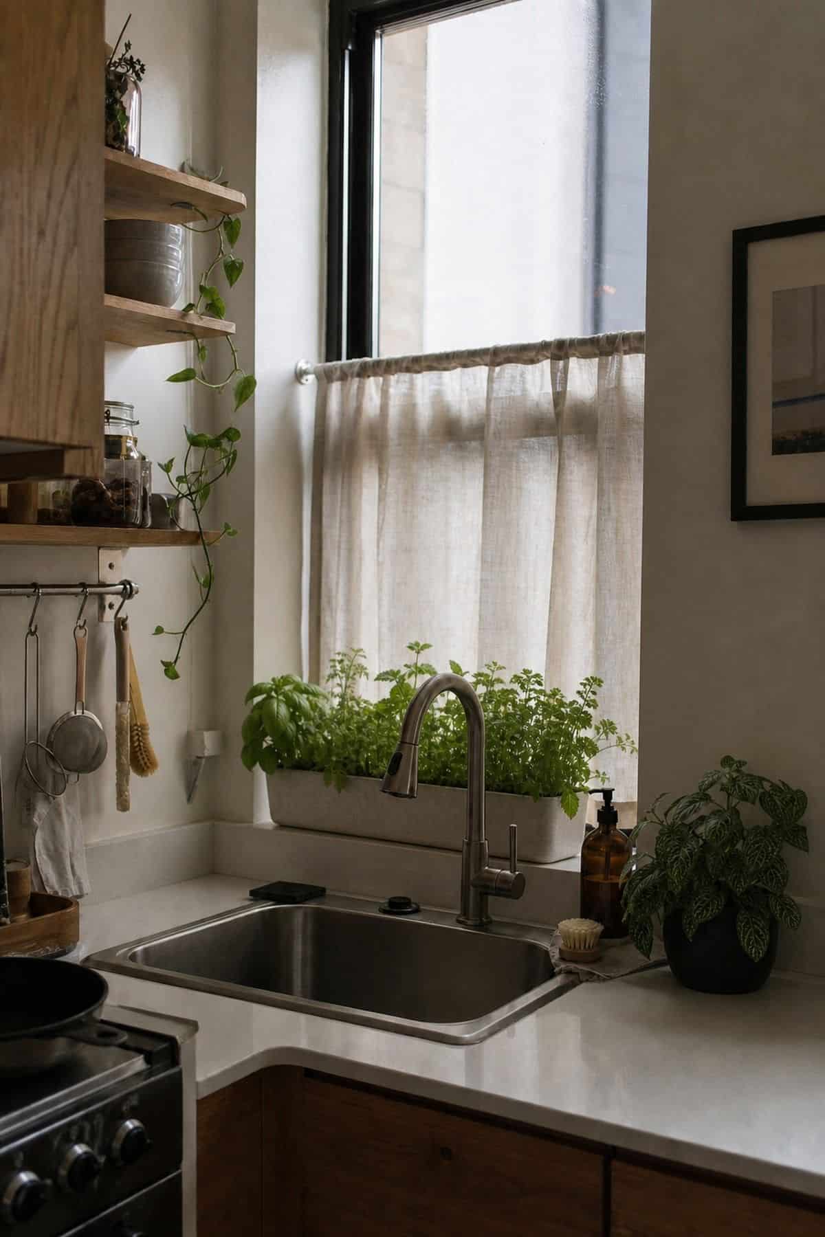 Herb Planter styling for a corner sink kitchen in a small apartment.