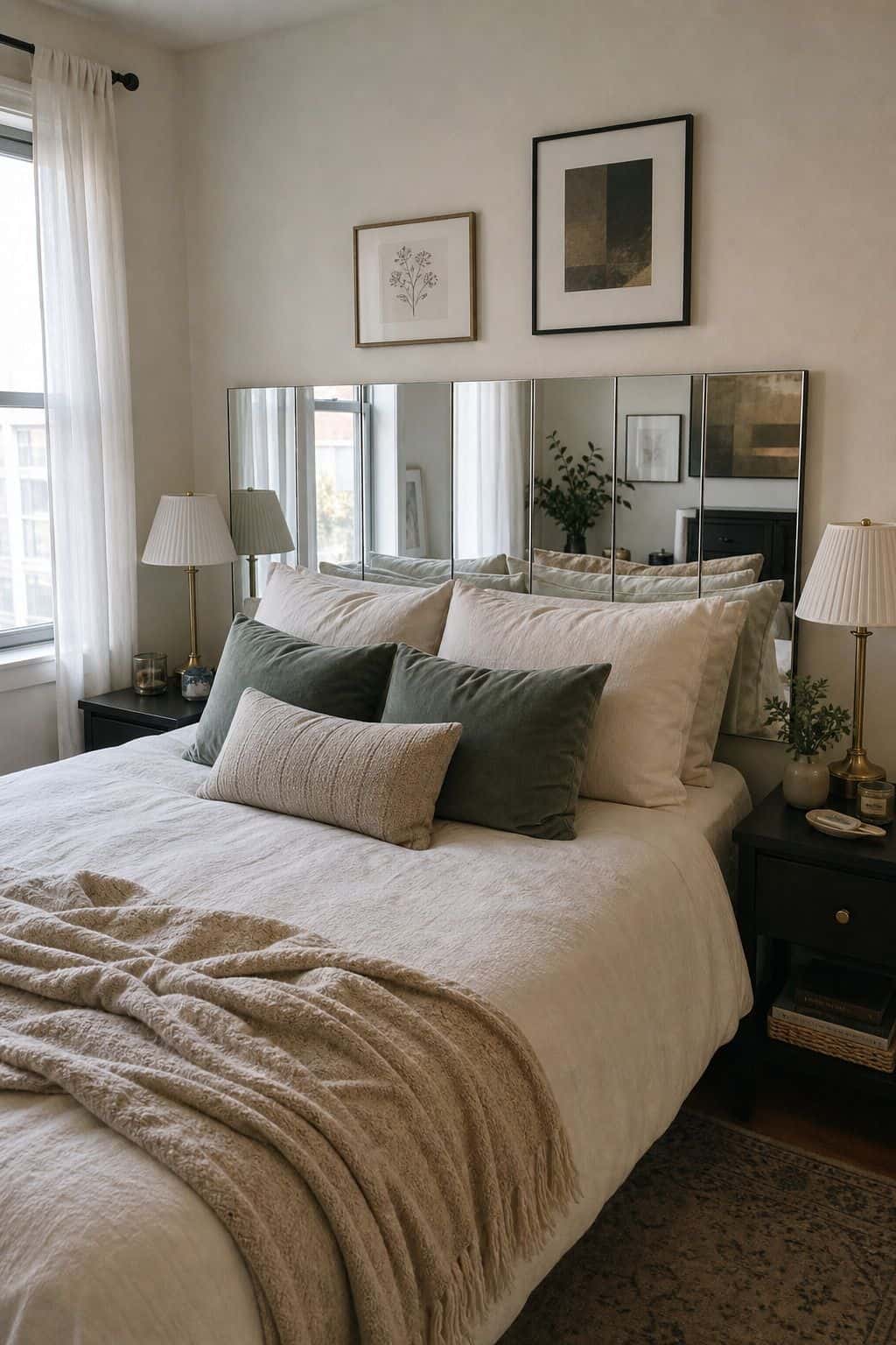 Mirrored Panel Headboard mirror above bed idea in a small apartment bedroom