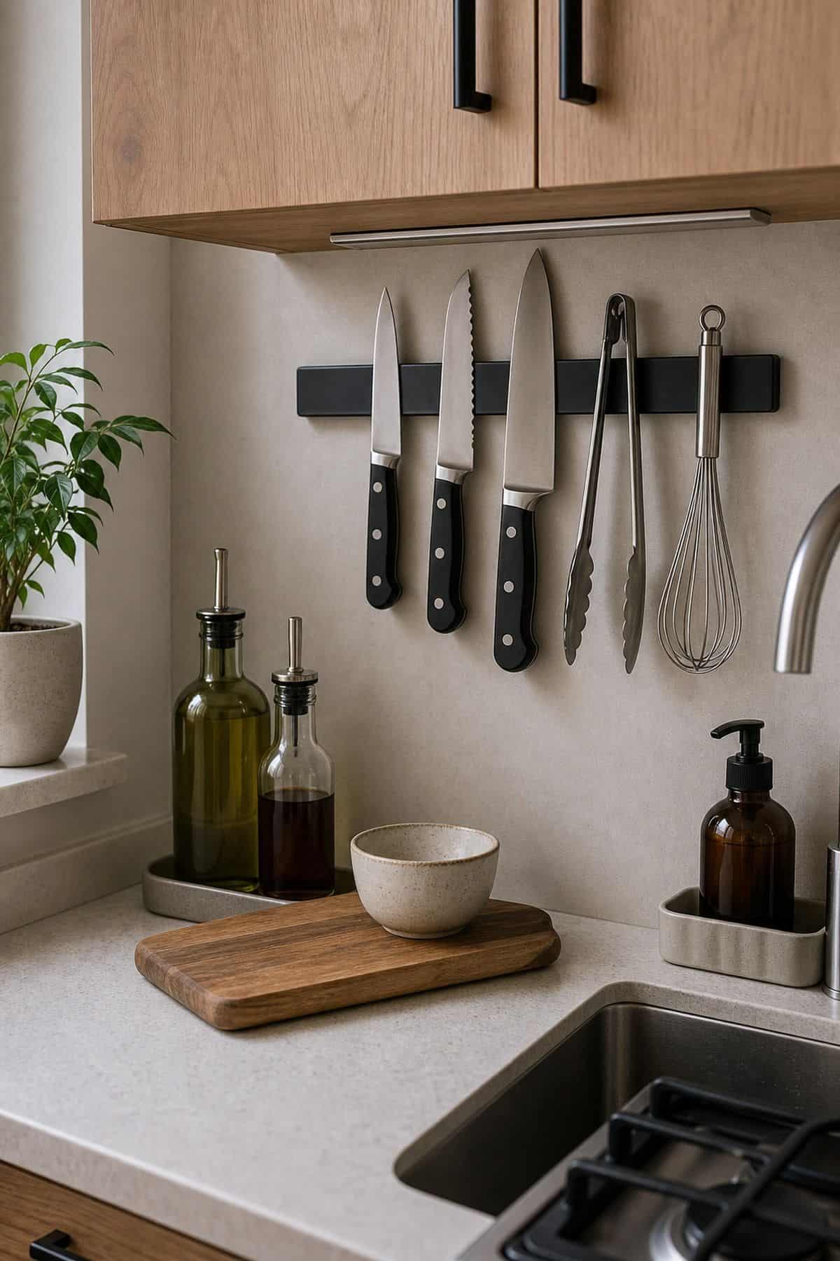 under-cabinet magnetic strip for small apartment kitchen counter organization