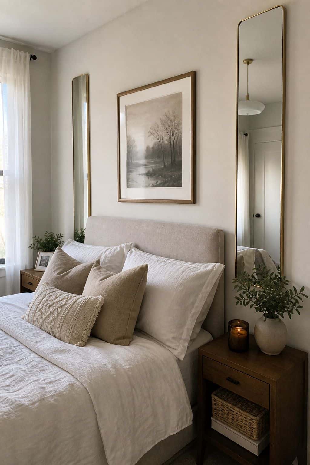 Mirror Strips Beside Bed mirror above bed idea in a small apartment bedroom