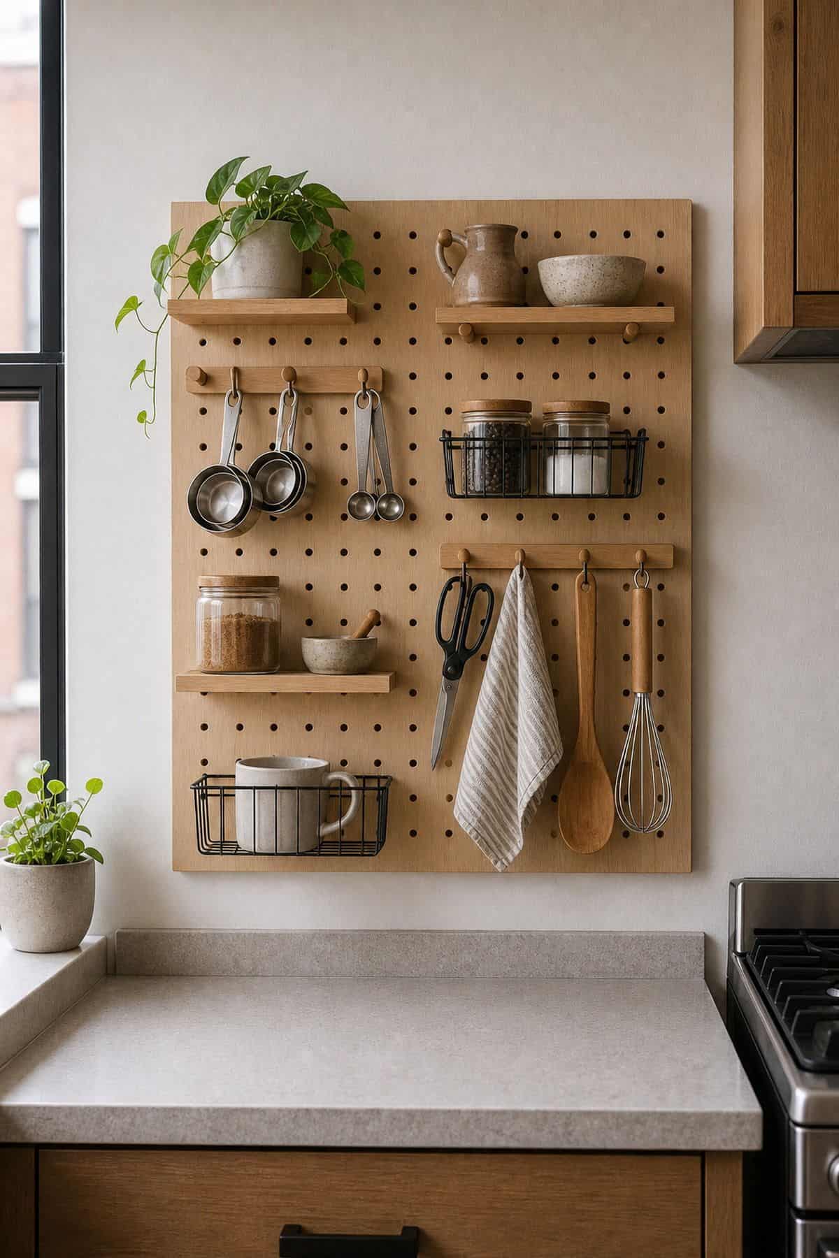 pegboard wall system for small apartment kitchen counter organization