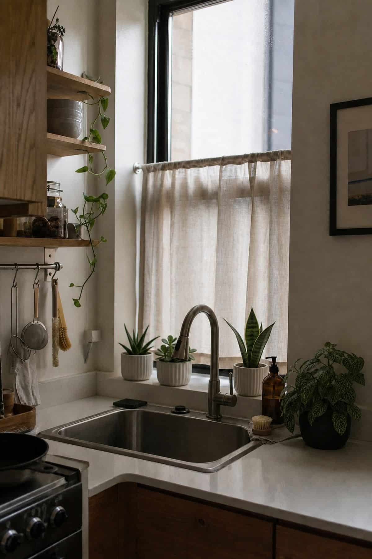 Succulent Group styling for a corner sink kitchen in a small apartment.