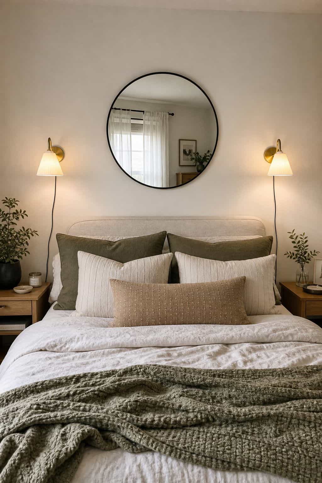 Mirror Plus Two Sconces mirror above bed idea in a small apartment bedroom