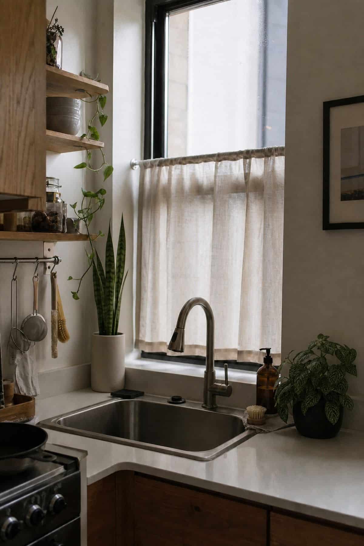 Single Tall Plant styling for a corner sink kitchen in a small apartment.