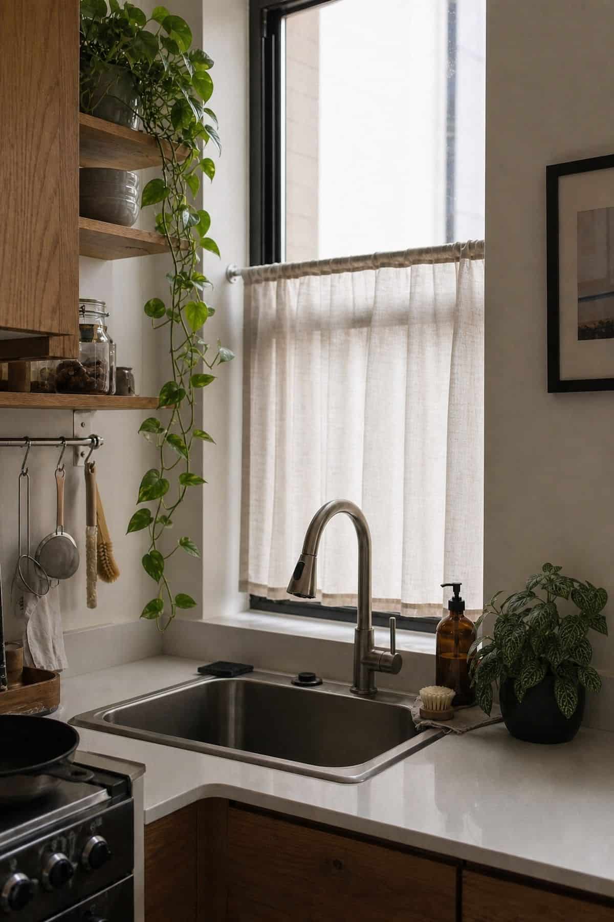 Hanging Plant styling for a corner sink kitchen in a small apartment.