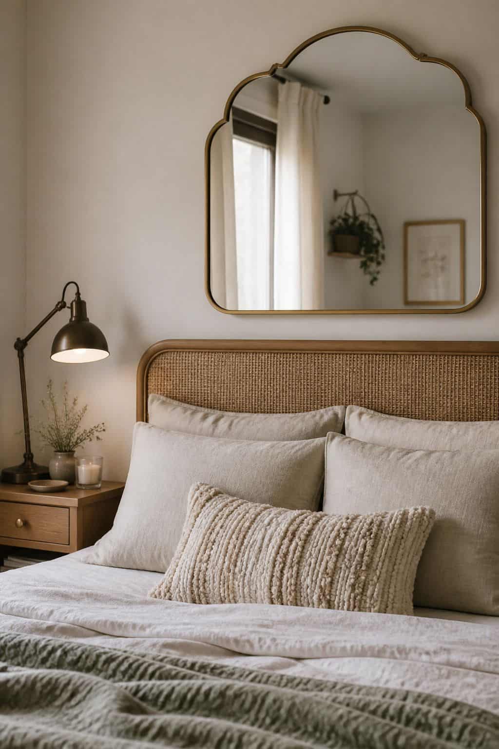 Mirror Plus Headboard Detail mirror above bed idea in a small apartment bedroom