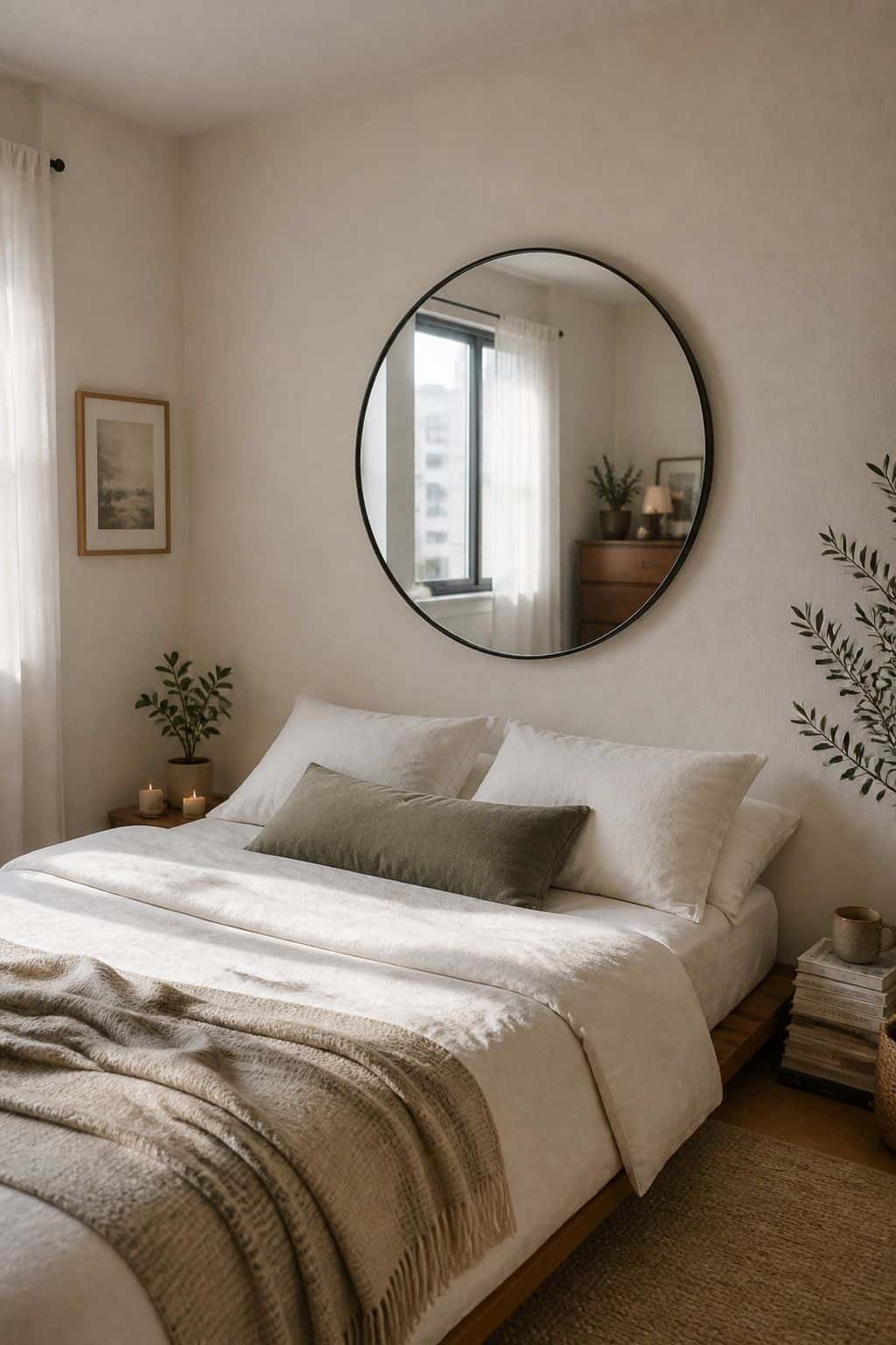 Mirror Above Bed With No Headboard mirror above bed idea in a small apartment bedroom