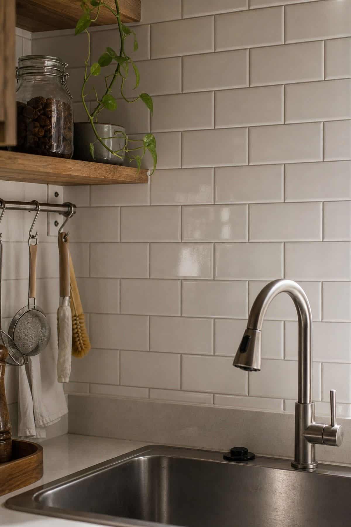 Subway Tile styling for a corner sink kitchen in a small apartment.