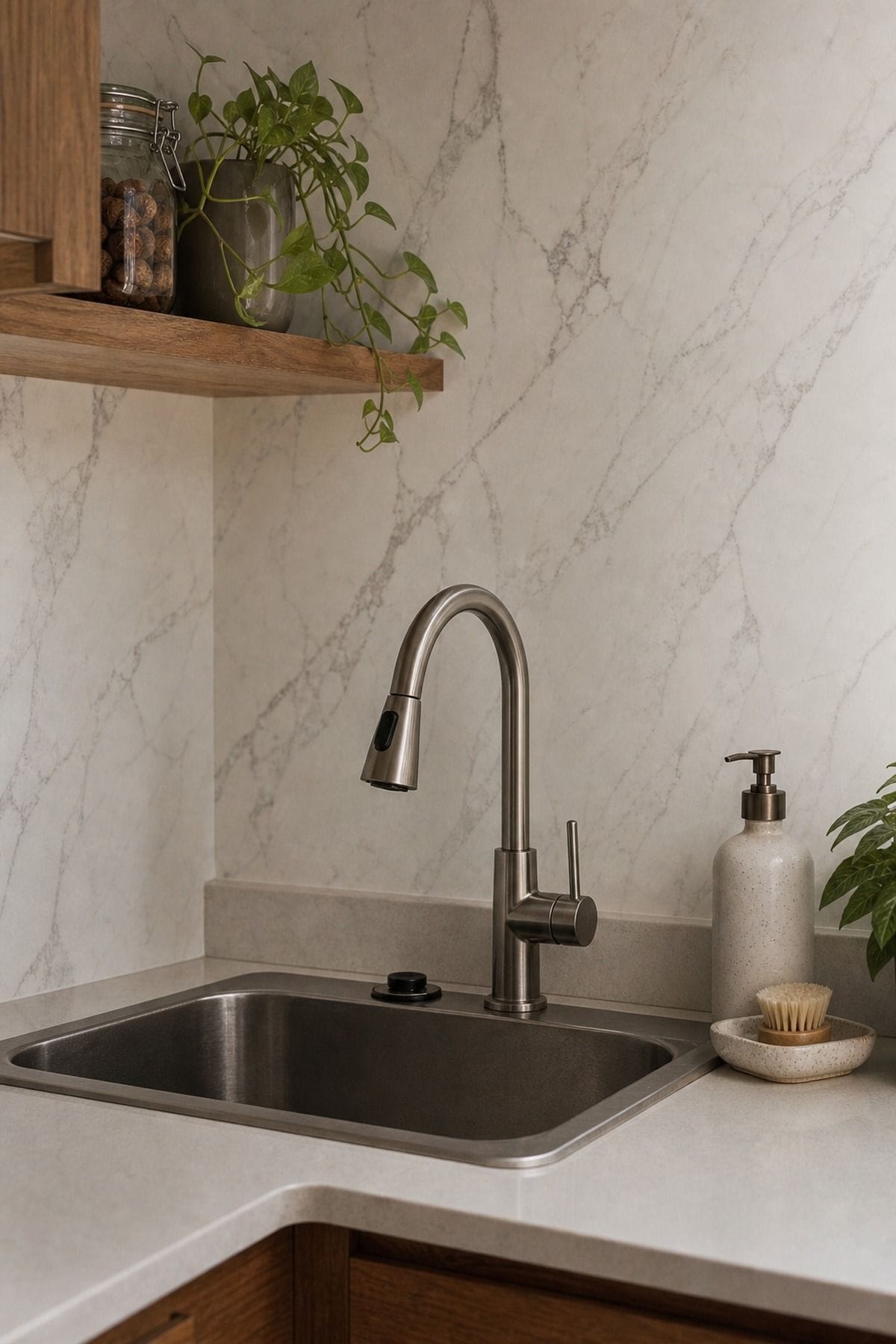 Marble Slab styling for a corner sink kitchen in a small apartment.