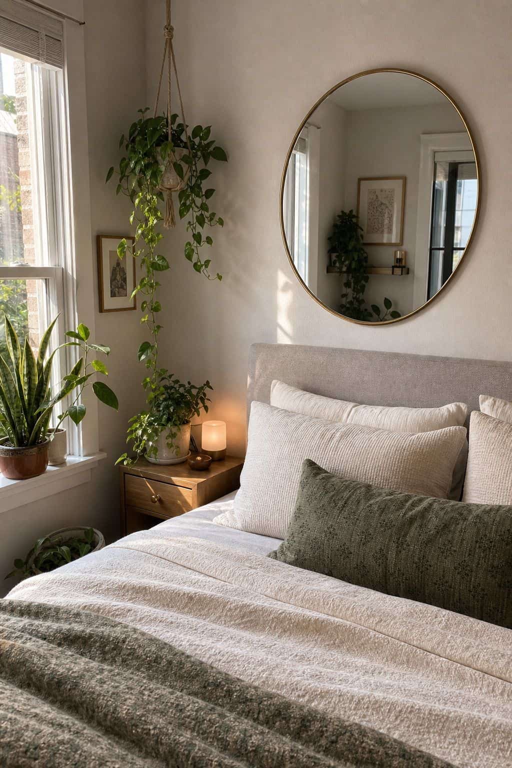 Mirror Plus Plant Vignette mirror above bed idea in a small apartment bedroom