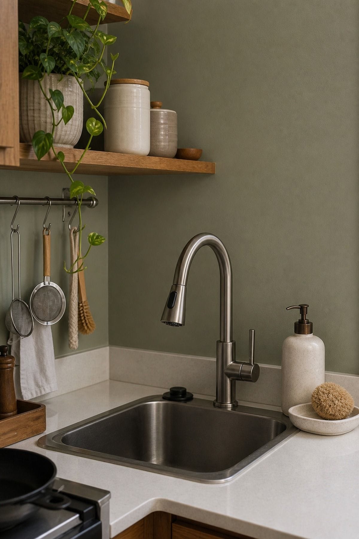 Painted Accent styling for a corner sink kitchen in a small apartment.