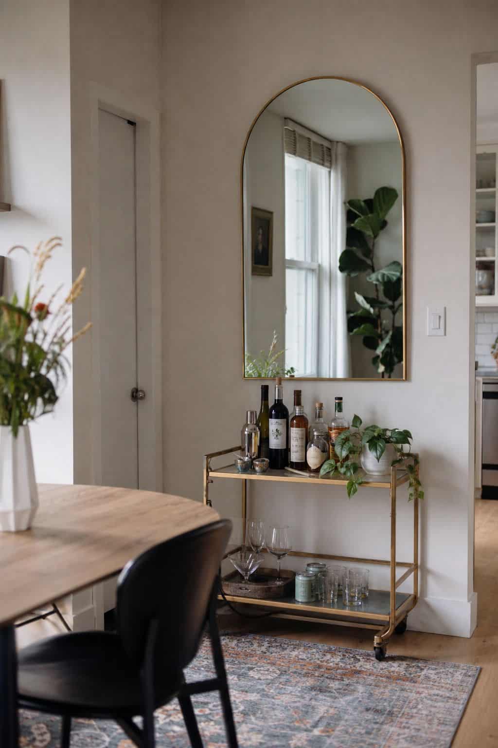 Above Bar Cart dining room mirror idea for a small apartment
