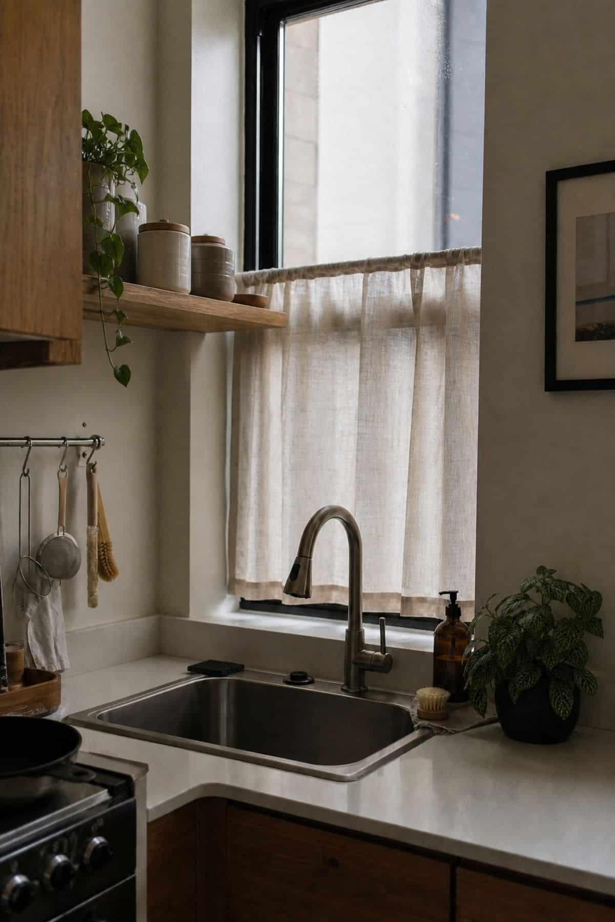 Open Shelf Above styling for a corner sink kitchen in a small apartment.
