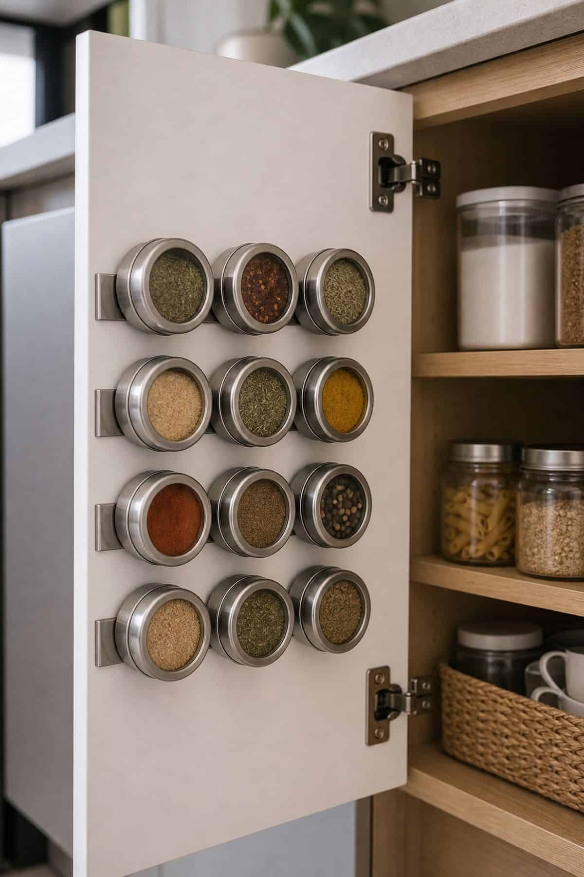 magnetic container strip inside cabinet door for small apartment kitchen counter organization