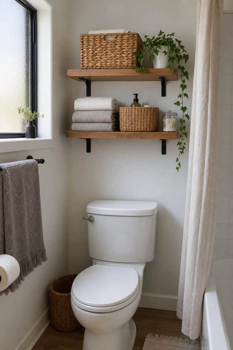 Two Floating Shelves with Baskets above toilet decor in a small apartment bathroom