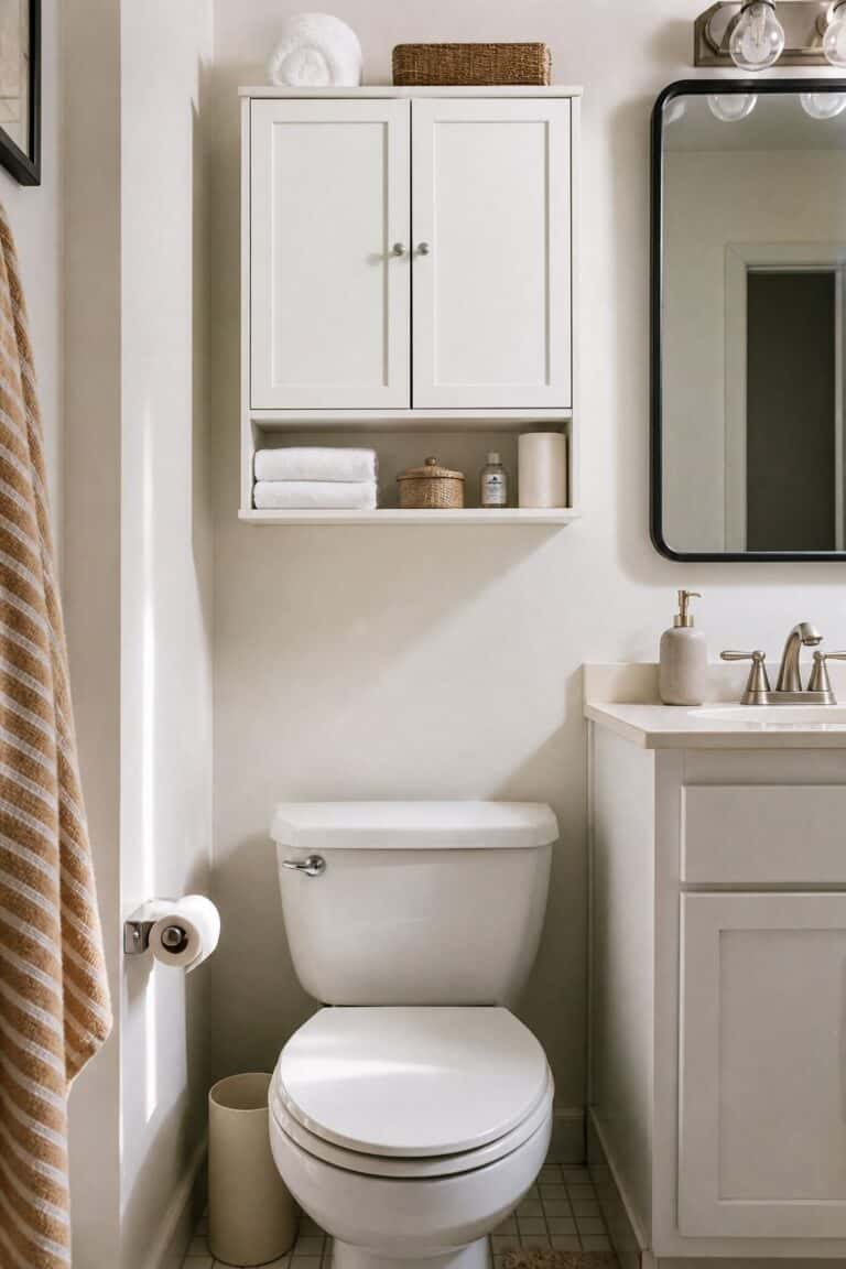 Standard Wall Cabinet above toilet storage idea in a small apartment bathroom